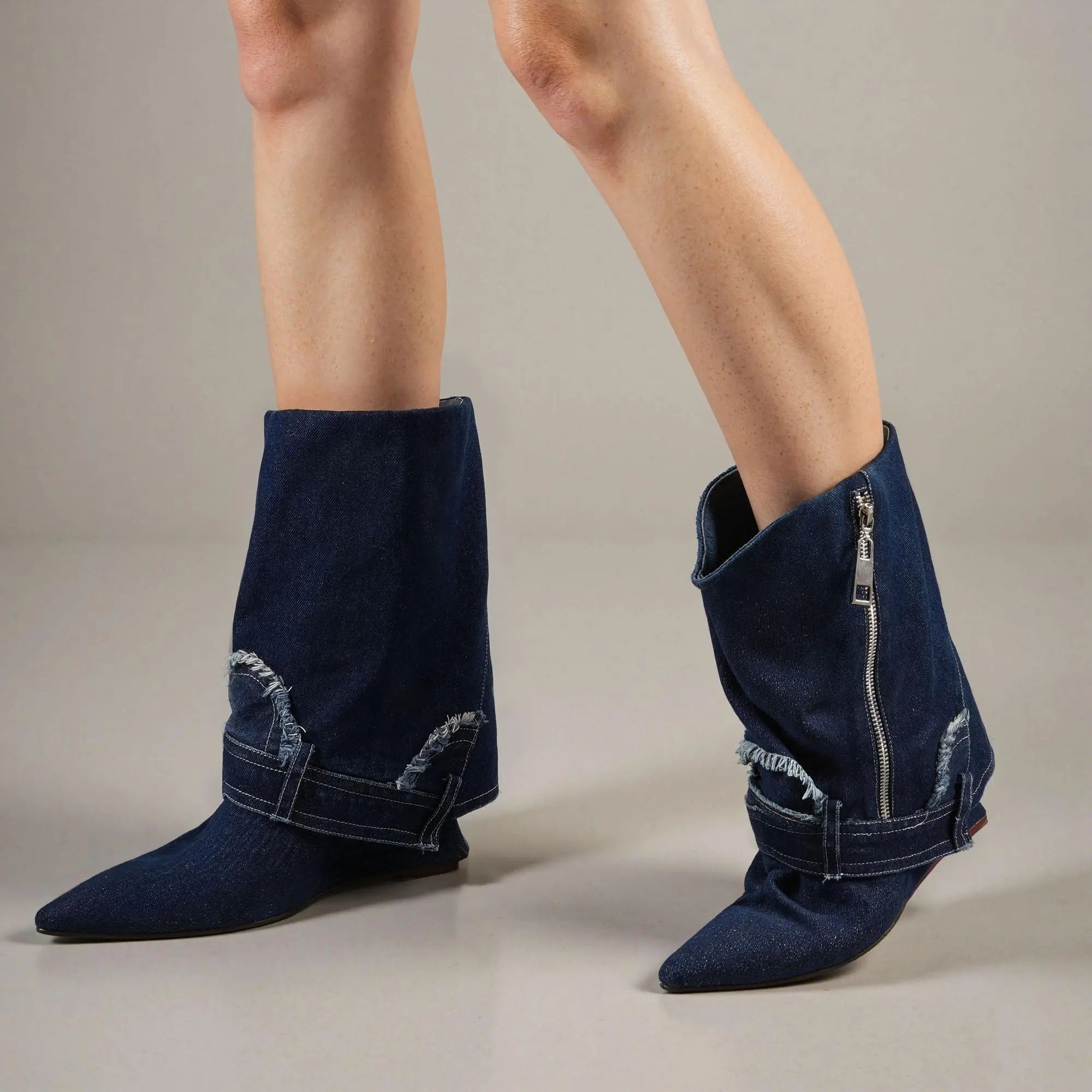 Tuhoomall Women's Short Denim Ankle Boots, Stylish Wedge Heel, Foldable Cuff, Perfect for Formal and Casual Events Tuhoomall