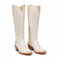 Tuhoomall White Western Boots with Embroidery and Rivets, Mid-Calf Design, Stylish for Fashion, Outdoor & Casual Wear, Comfortable 2.00 in Heel
