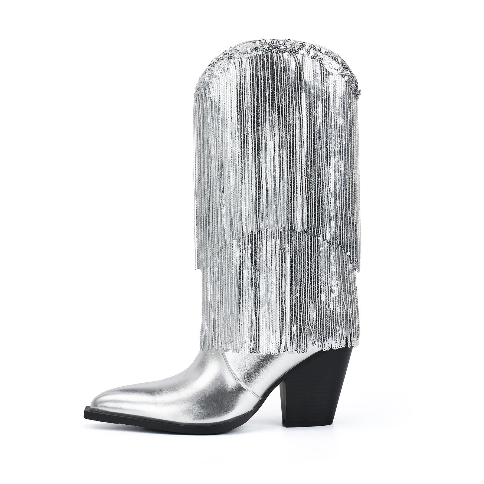 Tuhoomall Cowboy Ankle Boots for Women, Chunky Heel 3.15 in, Pointed Toe, Sequined Fringes, Perfect for Fashion Parties and Performances