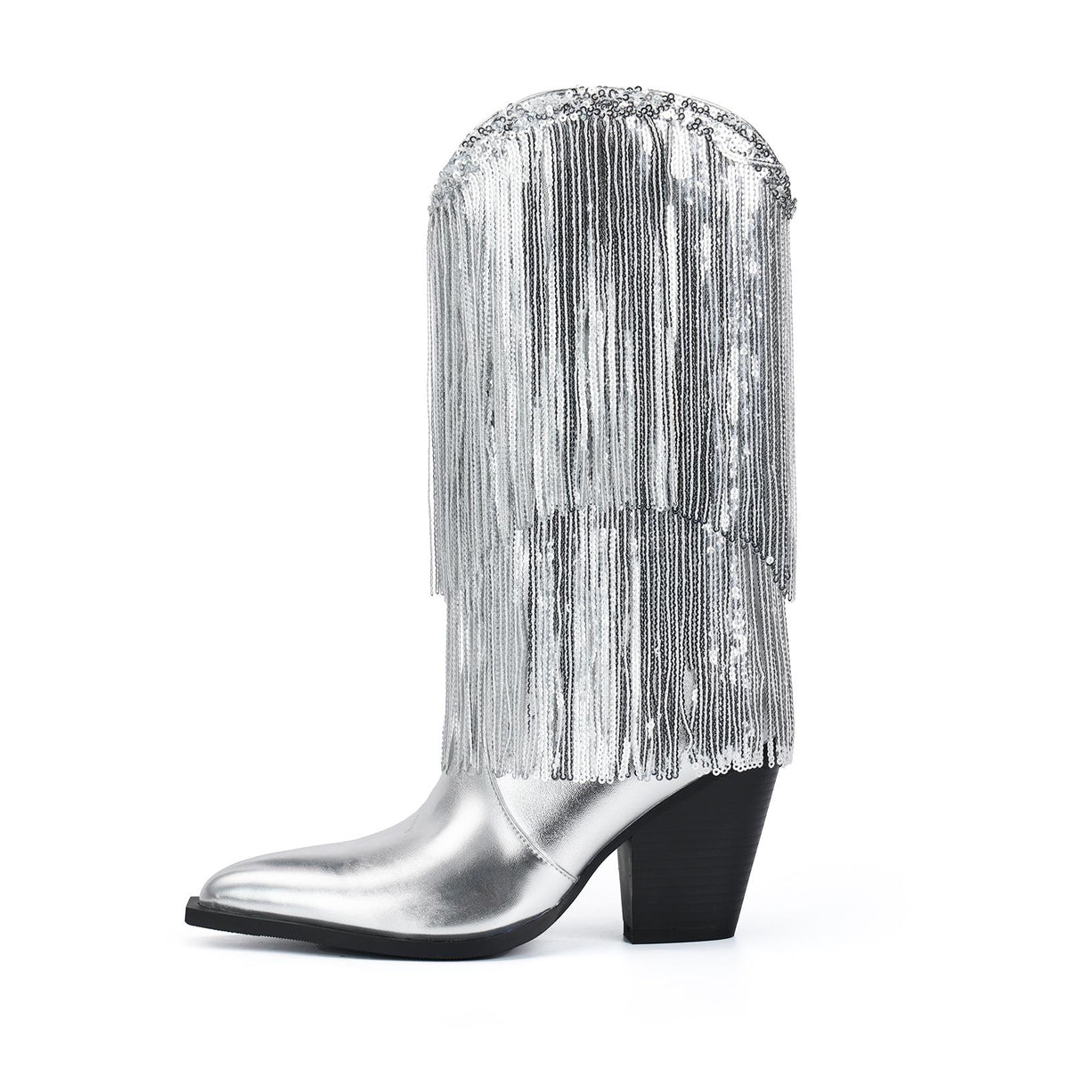 Tuhoomall Cowboy Ankle Boots for Women, Chunky Heel 3.15 in, Pointed Toe, Sequined Fringes, Perfect for Fashion Parties and Performances