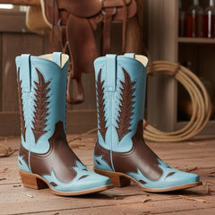 Tuhoomall Western Ankle Boots for Women, Floral Embroidered High Ankle, Casual Fashion, Slip-On Chunky Heel, Perfect for Parties and Travel