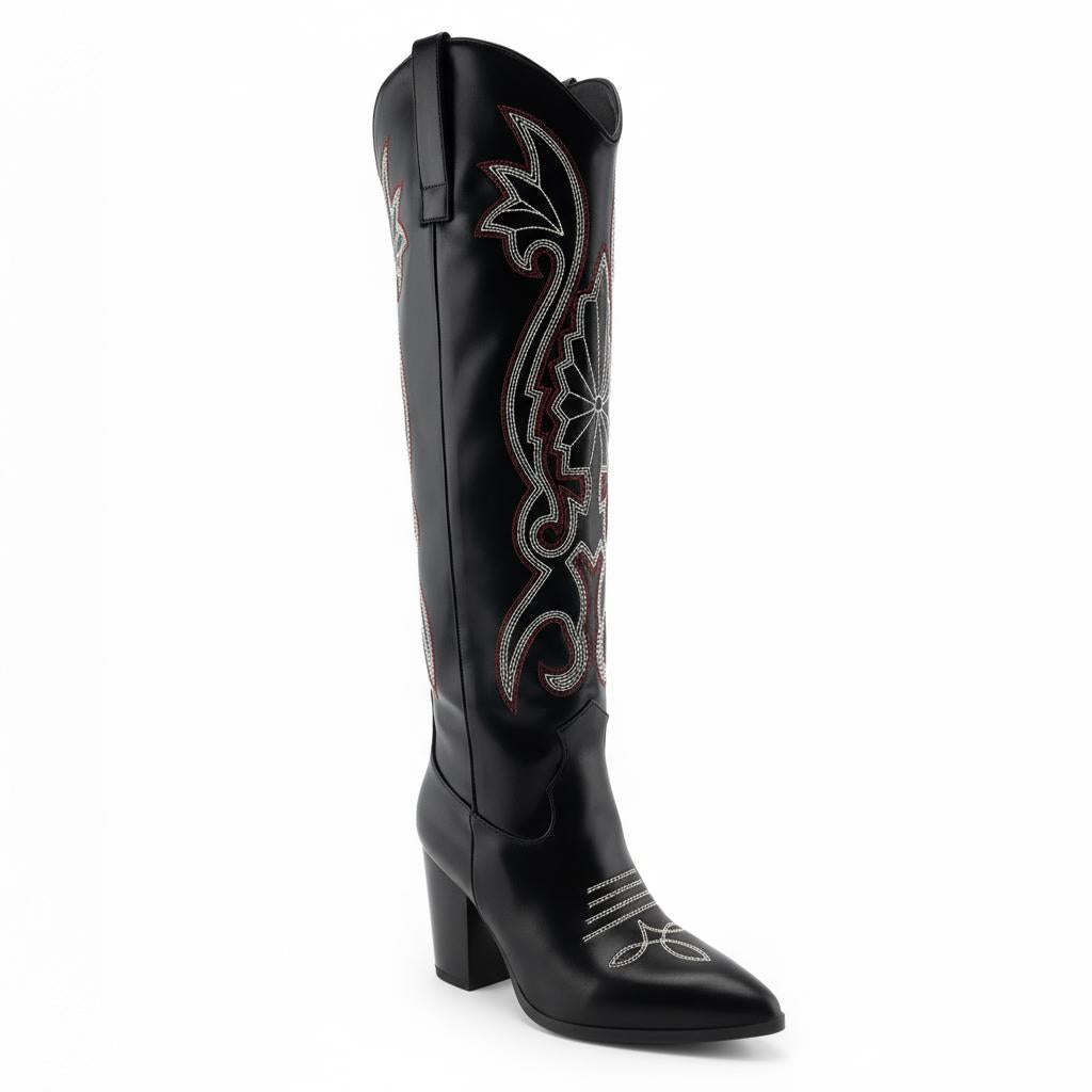Tuhoomall Western Floral Embroidered Knee-High Boots for Women - Comfortable Slip-On Design with Chunky Heel for Parties and Daily Wear