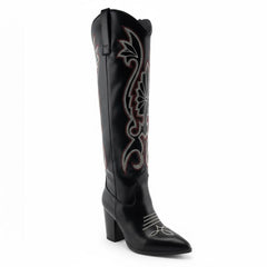 Tuhoomall Western Floral Embroidered Knee-High Boots for Women - Comfortable Slip-On Design with Chunky Heel for Parties and Daily Wear