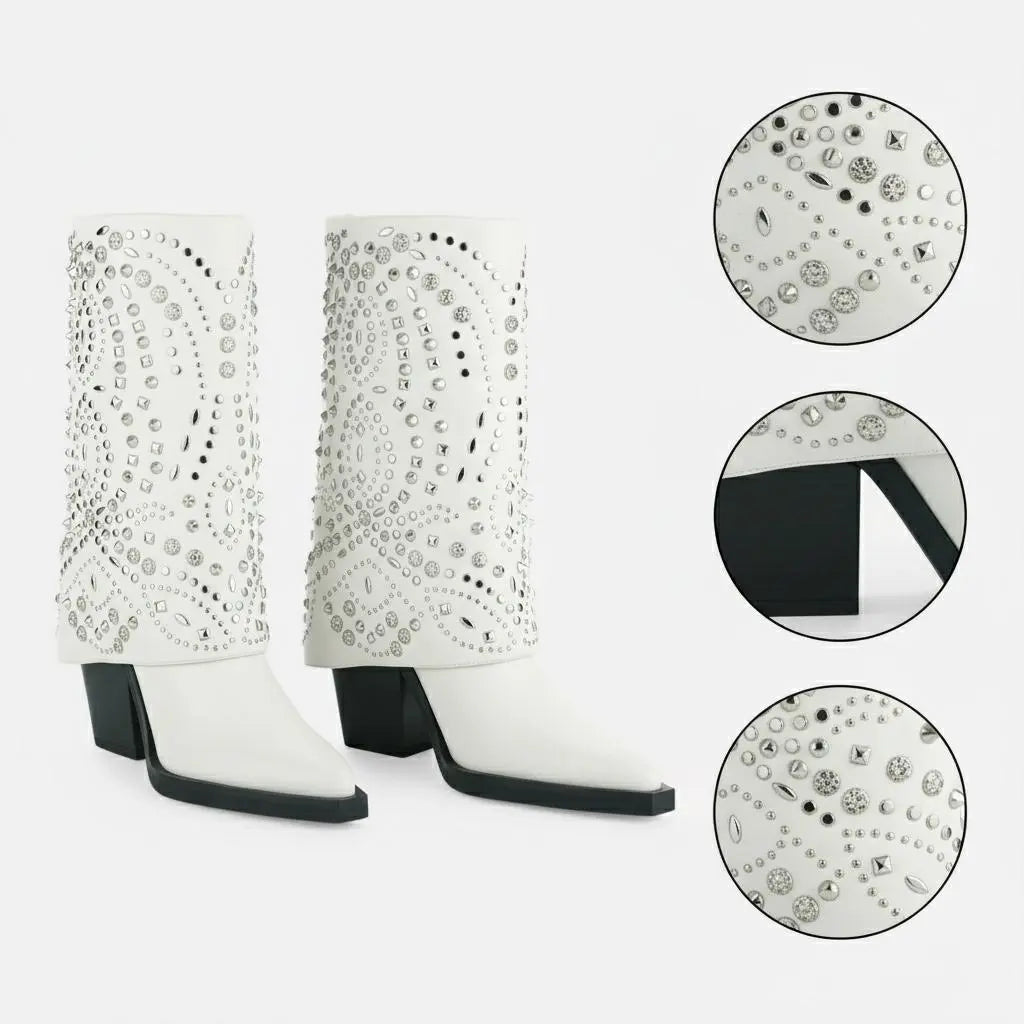 Tuhoomall Western Cowboy Boots For Women, Mid-Calf Foldable Design, Trendy Geometric Pattern, Chunky Heel, Sparkling Studs, Perfect For Outdoor Fashion Tuhoomall