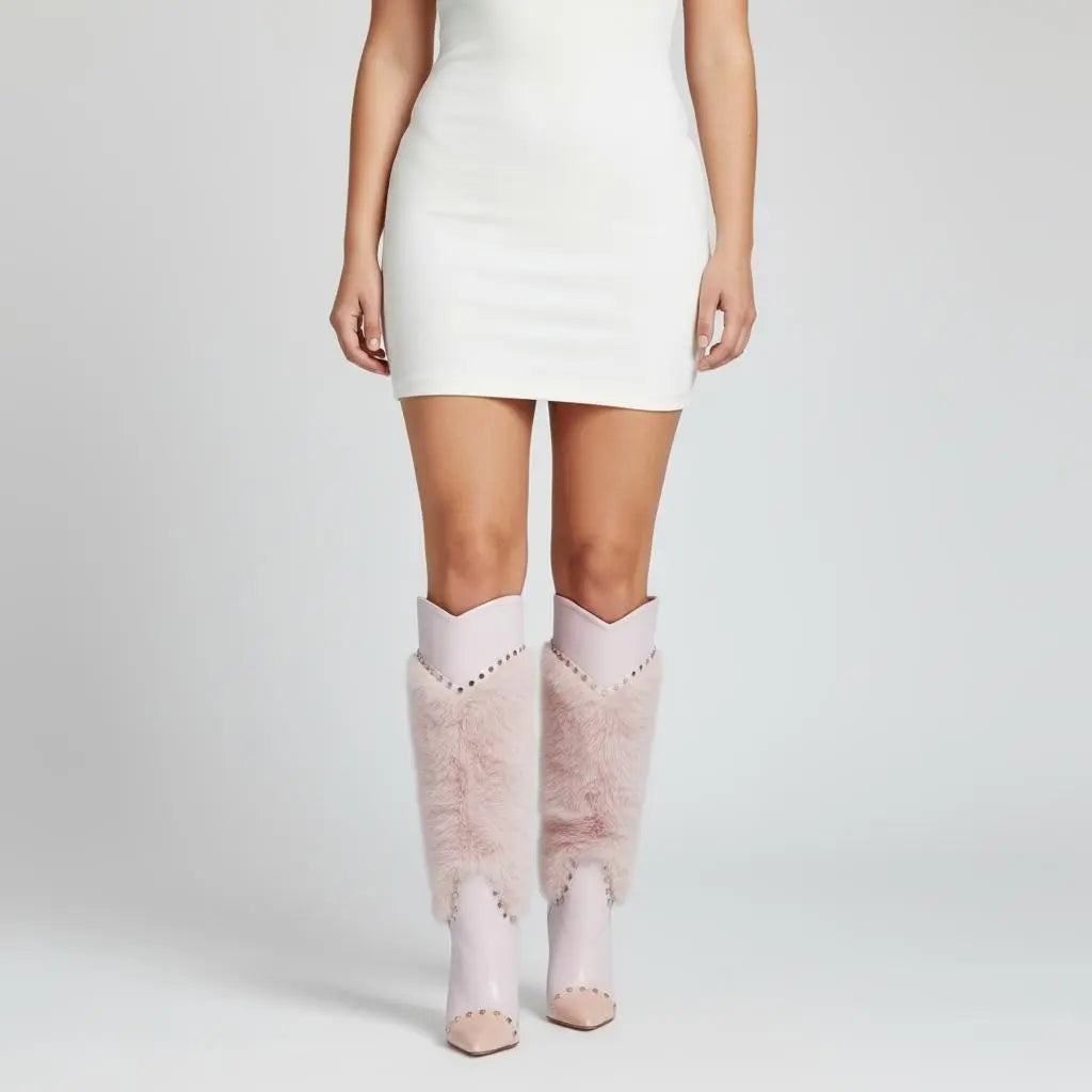 Tuhoomall Heel Fashion Boots for Women, Elegant Pointed Toe High Heels with Studs and Faux Fur, Ideal for Parties and Performances Tuhoomall