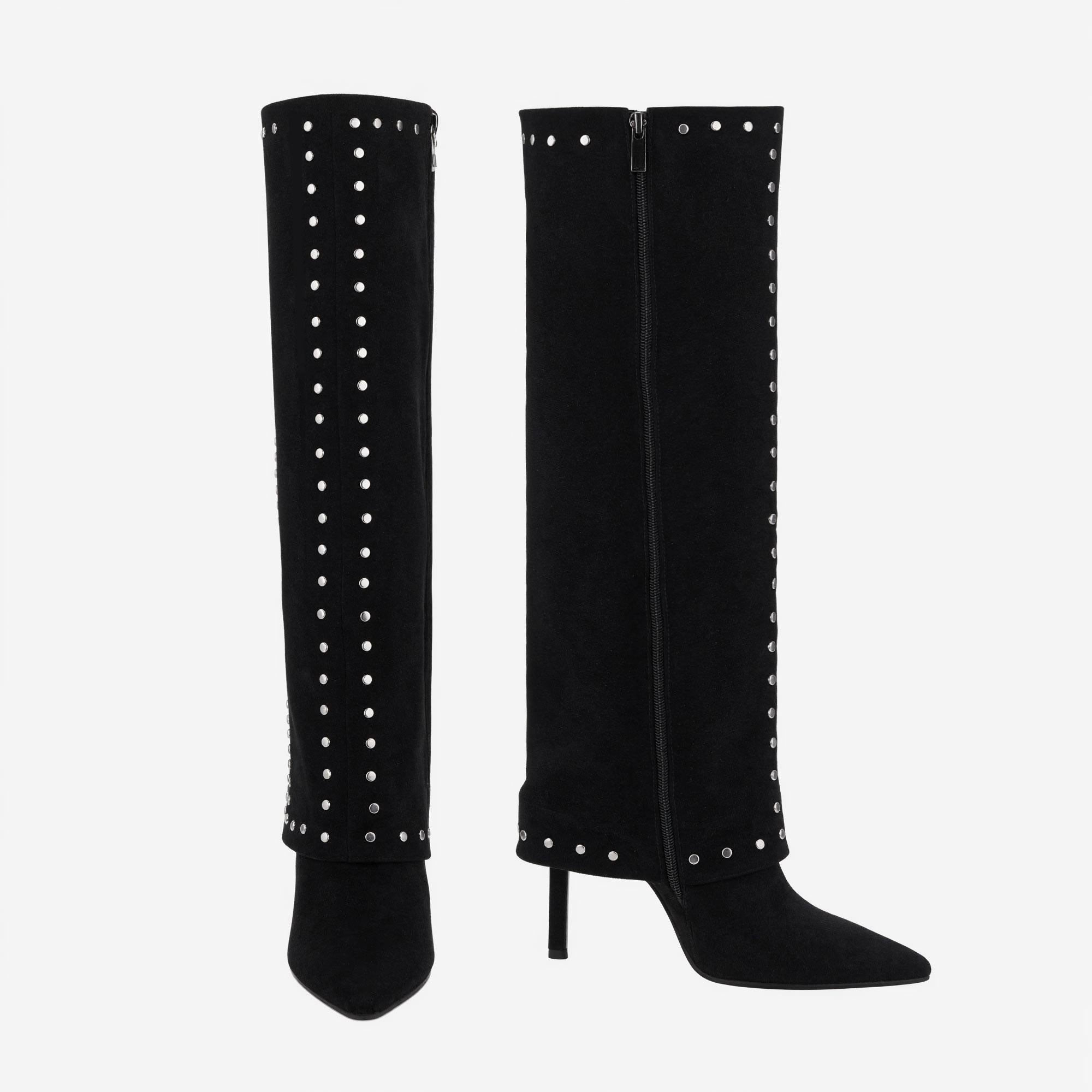 Tuhoomall Stylish Over-The-Knee Foldable Boots with Stiletto Heels and Studded Design for Parties and Casual Outings