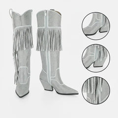 Tuhoomall Knee High Suede Boots For Women With Chunky Heel, Pointed Toe, Tassel And Rhinestones, Perfect For Fashion, Casual And Outdoor Wear Tuhoomall