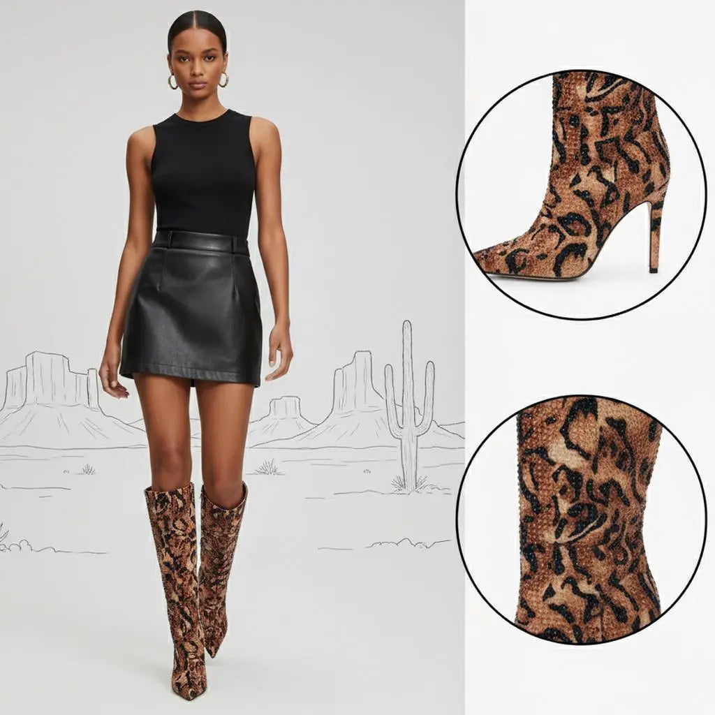 Tuhoomall High Boots with Rhinestone Animal Print, Sparkling High Heel Stiletto, Comfortable Slip-On for Parties and Casual Events Tuhoomall