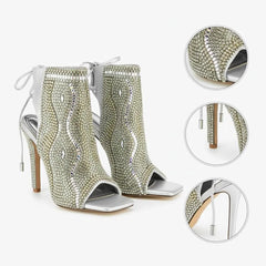 Tuhoomall Stylish High Heel Open-Toe Ankle sandals with Rhinestones for Party and Performance, Chunky Design and Lace-Up Closure, Perfect for All Seasons Tuhoomall
