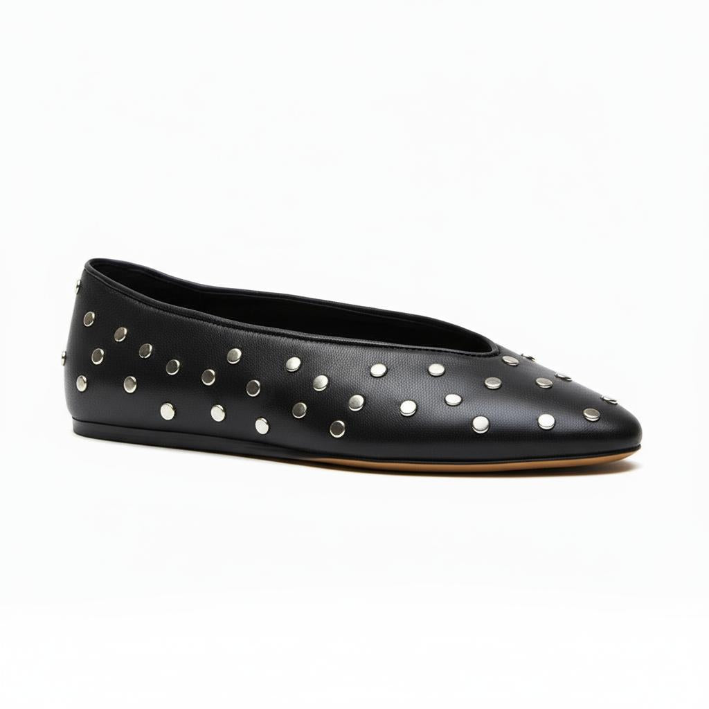 Tuhoomall Comfortable Almond Toe Flats with Studs for Fashion, Office, and Casual Outings - Durable Leather Upper and Easy Slip-On Design