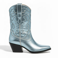 Tuhoomall Metallic Ankle Booties for Women, Chunky Block Heel, Pointed Toe, Casual Stylish Design, Vegan Leather, Embroidered Details, All Seasons