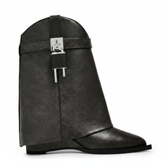 Tuhoomall Chic Almond Toe Ankle Boots with Metal Buckle, Slip-On, Wedge Heel for Fashion Parties and Casual Outings, All-Season Comfort