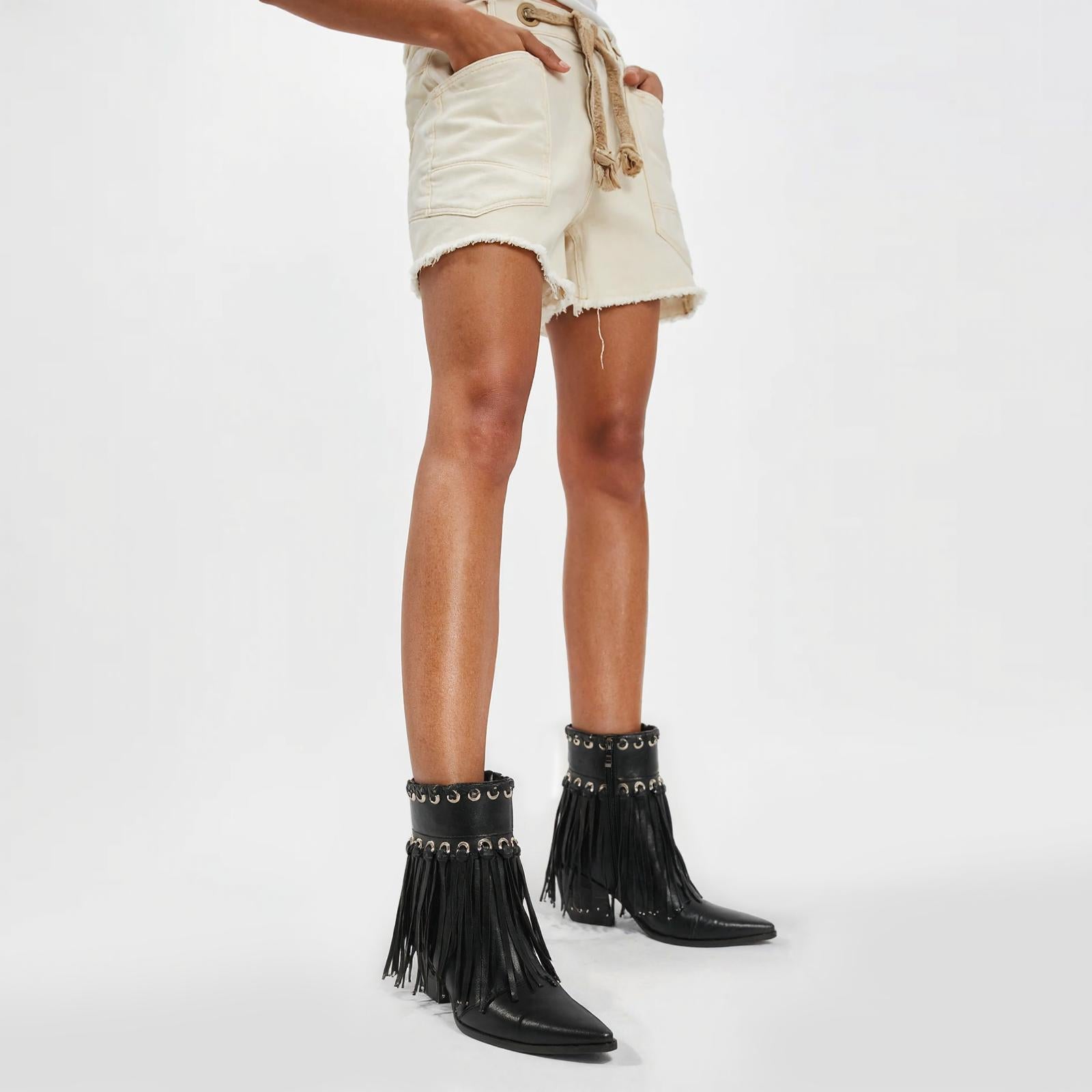 Tuhoomall Western Ankle Boots for Women - Chic Pointed Toe Suede Short Booties with Tassels & Zipper for Fashionable Casual Outdoor Style
