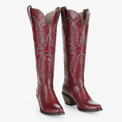 Tuhoomall Western Floral Embroidered Cowboy Boots for Women, Slip-On Low Chunky Heel, All-Season Comfort and Style