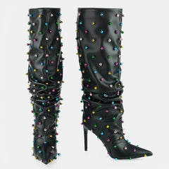 Tuhoomall Wrinkled Western Knee High Boots for Women with Pointed Toe, Sparkling Accents, Ideal for Fashionable Casual Outdoor Wear