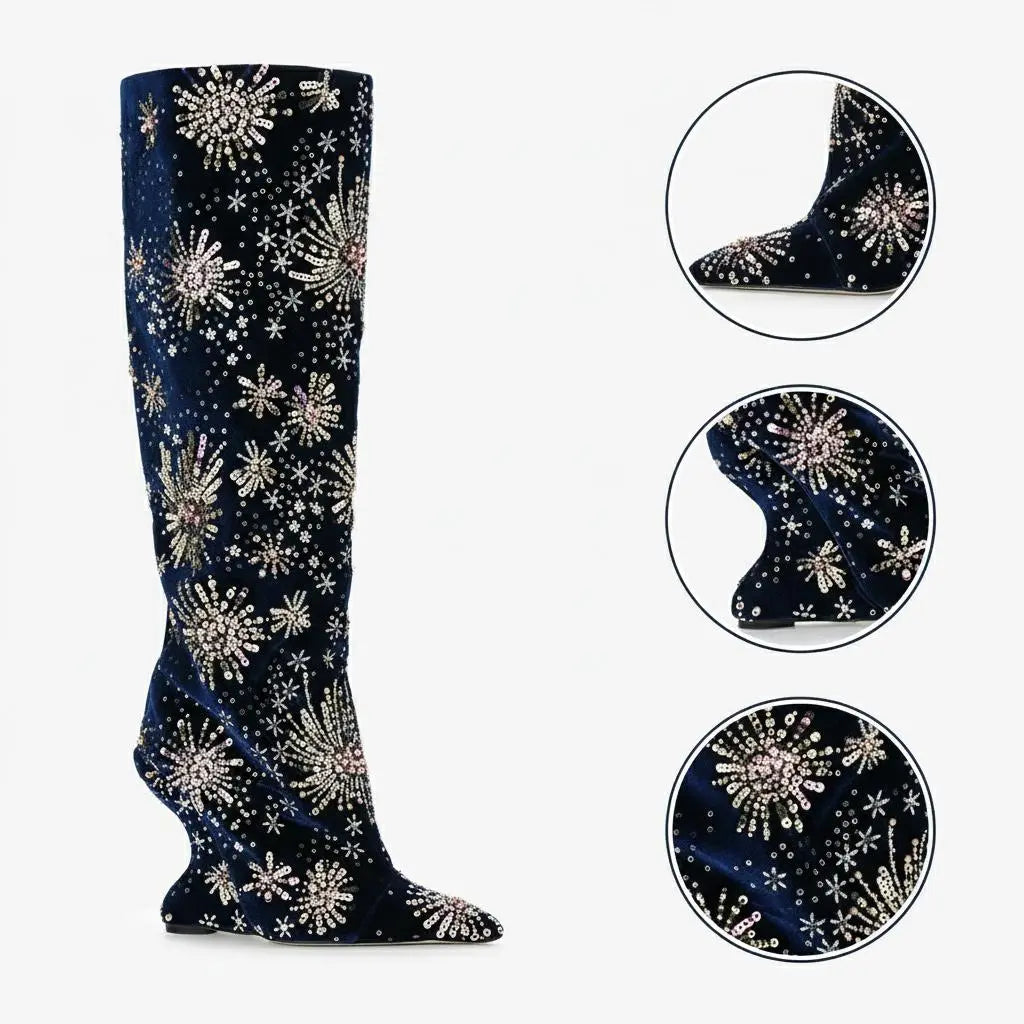 Tuhoomall Over The Knee Floral Embellished Chunky Heeled Boots For Parties And Fashionable Events Tuhoomall