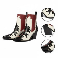 Tuhoomall Western Ankle Boots for Women, Pointed Toe Chunky Heel Booties, Fashion Slip-On with Applique and Elastic Side Panels, Casual Evening Wear