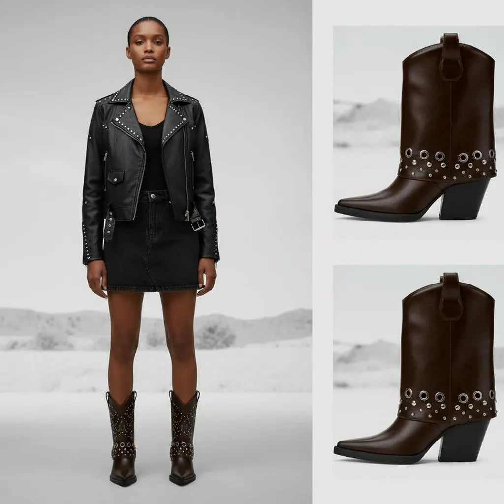 Tuhoomall Chic Ankle Boots With Geometric Pattern, Foldable Shaft, Metal Buckle, Chunky Heel For Casual And Outdoor Use Tuhoomall