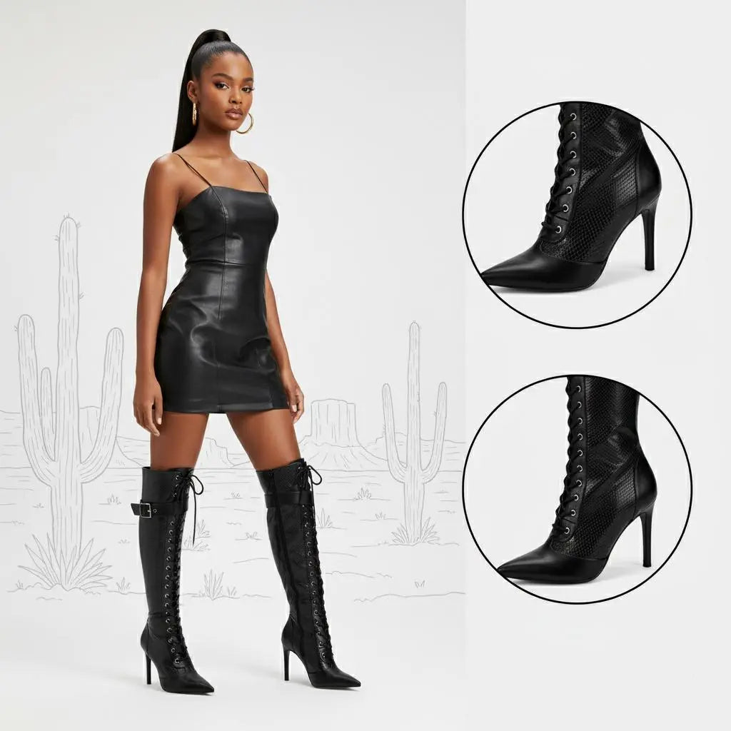 Tuhoomall Fashion Knee-High Boots For Parties, Stylish Pointed Toe With Adjustable Buckle And 9cm Stiletto Heels, Comfortable PU Material, Perfect For All Seasons Tuhoomall