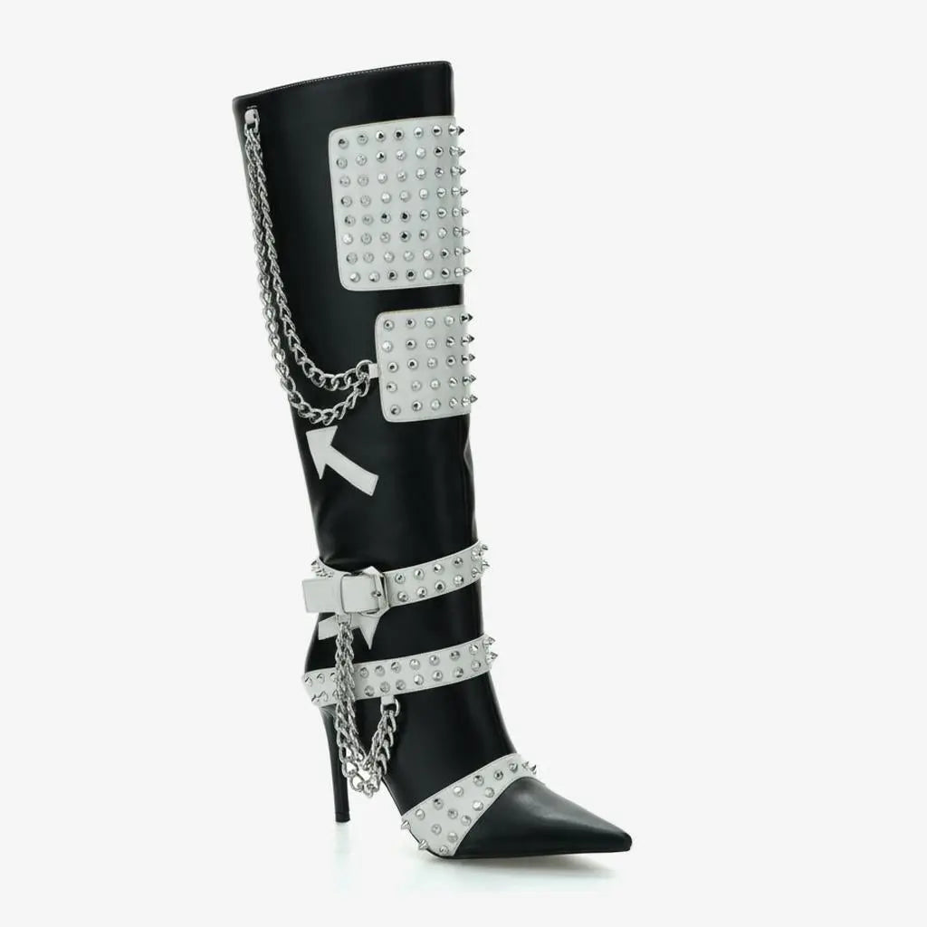 Tuhoomall Stiletto Knee-High Boots with Metallic Studs and Chic Design for Parties and Performances Tuhoomall