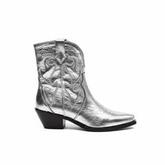 Tuhoomall Western Ankle Booties with Snip-Toe and Chunky Heel for Fashion Casual Parties, Embroidery Design with Metallic Inlay, Slip-On Style