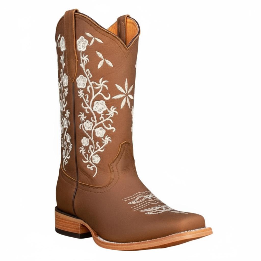 Tuhoomall Western Floral Embroidered Boots for Women - Slip-On, 3.5cm Chunky Heel, Square Toe, Outdoor Fashion, Versatile Everyday Wear