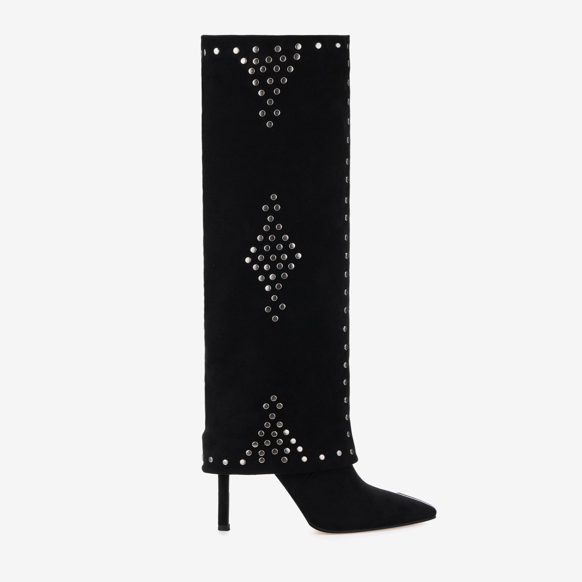 Tuhoomall Stylish Over-The-Knee Foldable Boots with Stiletto Heels and Studded Design for Parties and Casual Outings