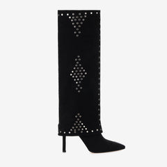 Tuhoomall Women’s Fashion Knee-High Foldable Boots - Stylish Stiletto Heels with Studded Accents for Parties and Casual Wear