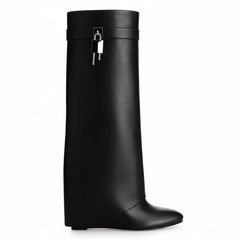 Tuhoomall Fashion Wedge Boots for Women, Comfortable Zipper Closure, Chic Metal Buckle, 7cm Heel for Parties and Daily Wear