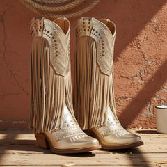 Tuhoomall Western Style Mid Calf Boots with Fringe and Studs - Comfortable Slip-On Design for Parties and Casual Outings