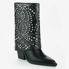 Tuhoomall Ankle Boots for Women, Stylish and Comfortable, Perfect for Parties and Casual Outings, Studded Design with Metal Buckle, 10cm Chunky Heel Tuhoomall
