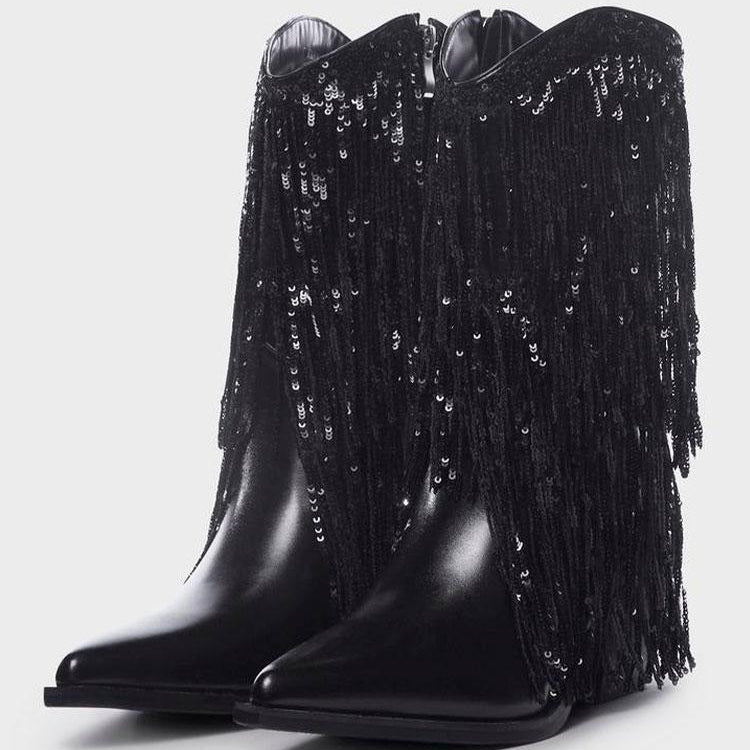 Tuhoomall Cowboy Ankle Boots for Women, Chunky Heel 3.15 in, Pointed Toe, Sequined Fringes, Perfect for Fashion Parties and Performances