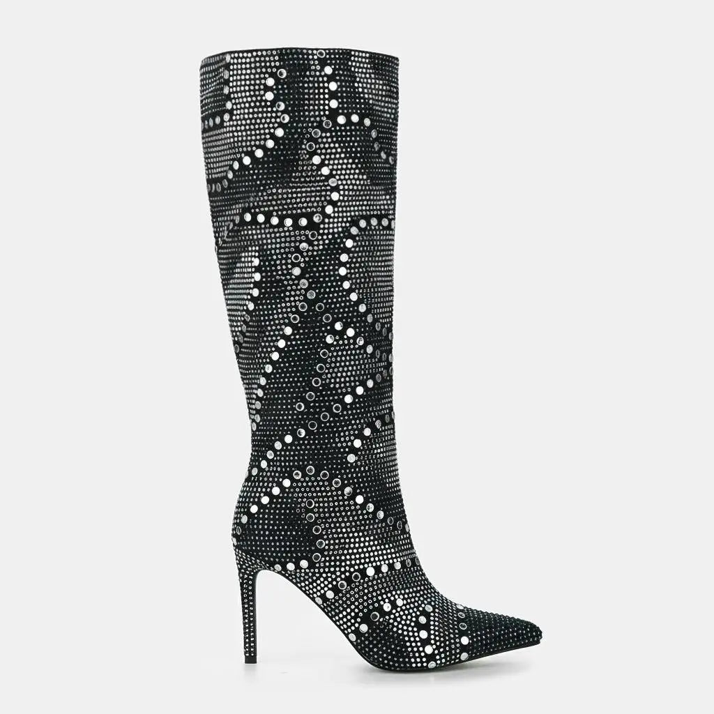 Tuhoomall Western Style Knee-High Glittering Stiletto Boots for Parties and Performances with Rhinestones and Geometric Patterns Tuhoomall