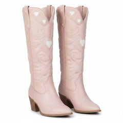 Tuhoomall Western Knee High Boots With Rubber Sole, 5cm Chunky Heel, Embroidered Sweet Pink Hearts For Casual Fashion All Year Round