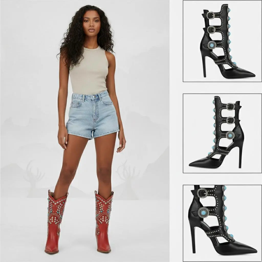 Tuhoomall Fashion Ankle Boots for Women with Chunky Heels, Pointed Toe, Embellished Design, Perfect for Casual, Performances, and Parties Tuhoomall