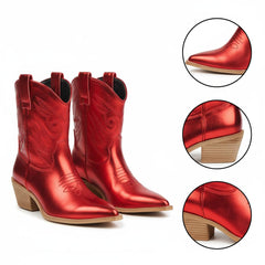 Tuhoomall Metallic Cowboy Ankle Boot with Chunky Block Heel, Pointed Toe, Embroidered Design for Casual Fashion Use, Vegan Leather, All Seasons