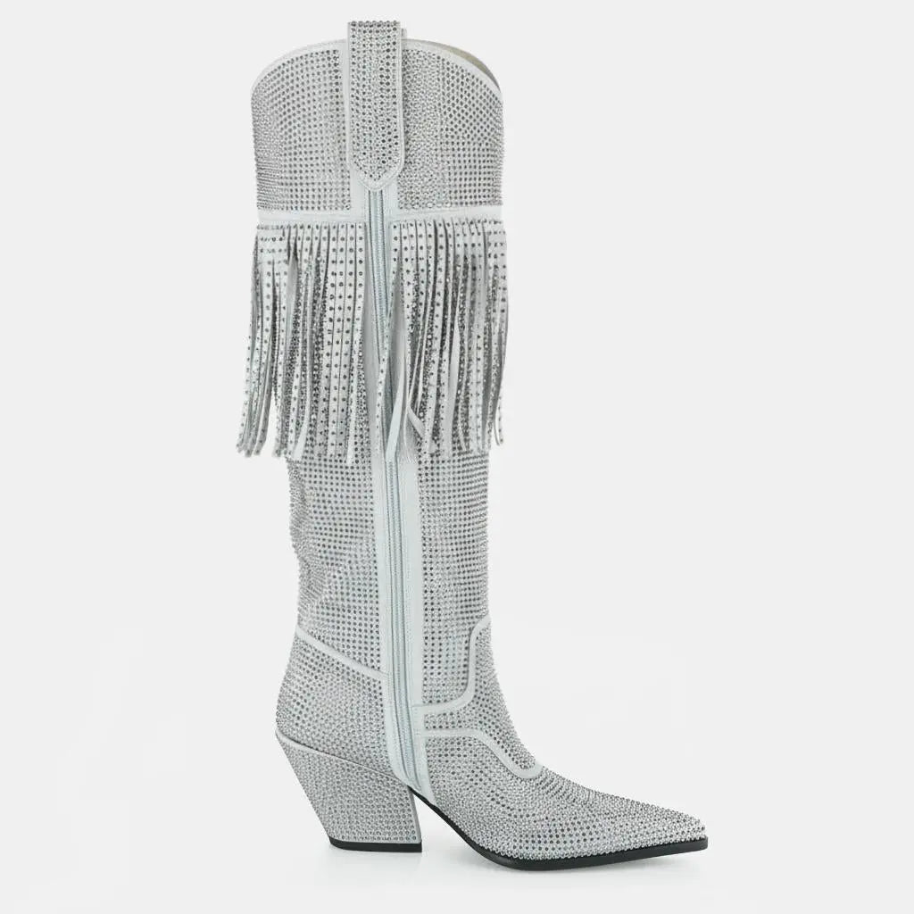 Tuhoomall Knee High Suede Boots For Women With Chunky Heel, Pointed Toe, Tassel And Rhinestones, Perfect For Fashion, Casual And Outdoor Wear Tuhoomall