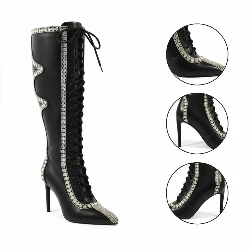 Tuhoomall Knee High Sparkling Rhinestone Heeled Boots for Parties, Performances, and Outdoor Fashion Fun Tuhoomall
