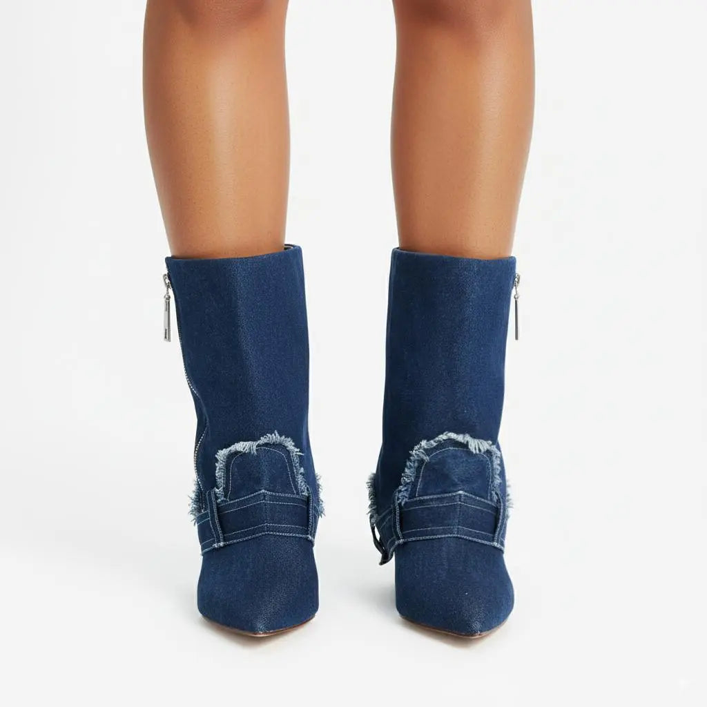 Tuhoomall Women's Short Denim Ankle Boots, Stylish Wedge Heel, Foldable Cuff, Perfect for Formal and Casual Events Tuhoomall