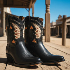 Tuhoomall Fashion Western Ankle Boots with Embroidered Floral Design for Casual Travel - 6cm Chunky Heel, Comfortable Slip-On Style