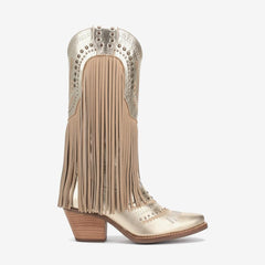 Tuhoomall Western Style Mid Calf Boots with Fringe and Studs - Comfortable Slip-On Design for Parties and Casual Outings