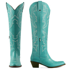 Tuhoomall Western Knee-High Boots with Elegant Embroidery, Stylish Mid Heel for Casual and Office Wear, Durable Faux Suede Leather, All-Season Fashion