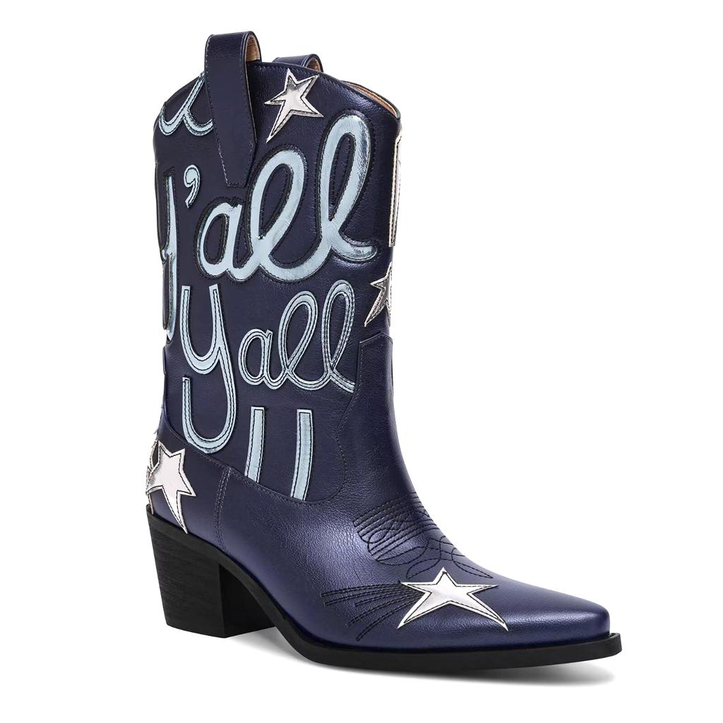 Tuhoomall Comfortable Western Boots for Fashion Parties and Daily Wear with Star and Letter Embroidery, Chunky Heel, Slip-On Design Tuhoomall