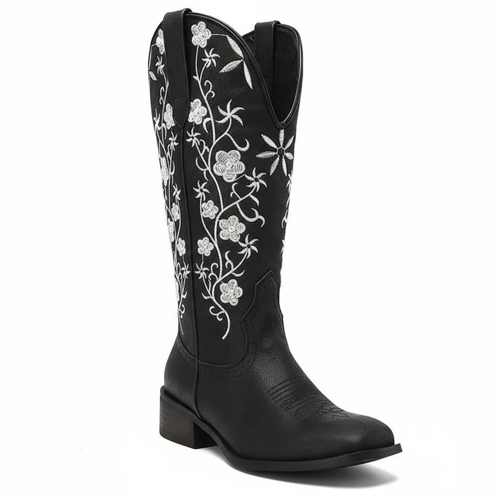 Tuhoomall Comfortable Western Boots for Women - Floral Embroidered Design, Slip-On Style, Outdoor Fashion - Perfect for Everyday Wear