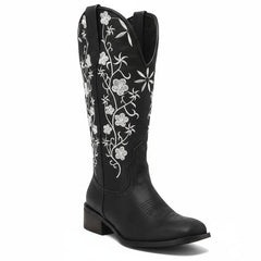 Tuhoomall Comfortable Western Boots for Women - Floral Embroidered Design, Slip-On Style, Outdoor Fashion - Perfect for Everyday Wear