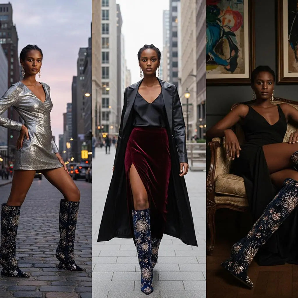 Tuhoomall Over The Knee Floral Embellished Chunky Heeled Boots For Parties And Fashionable Events Tuhoomall