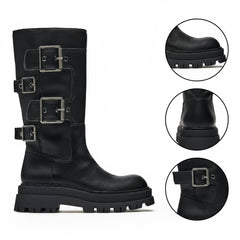 Tuhoomall Comfortable Mid-Calf Boots with Adjustable Metal Buckle for Casual Outdoor Fashion - Rubber Sole, Round Toe, All-Season