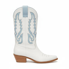 Tuhoomall Western Cowboy Boots for Women, Chunky Heel, Pointed Toe, Slip-On Design, Embroidered Detail, Casual Style, Year-Round Versatility