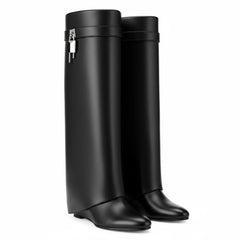 Tuhoomall Fashion Wedge Boots for Women, Comfortable Zipper Closure, Chic Metal Buckle, 7cm Heel for Parties and Daily Wear