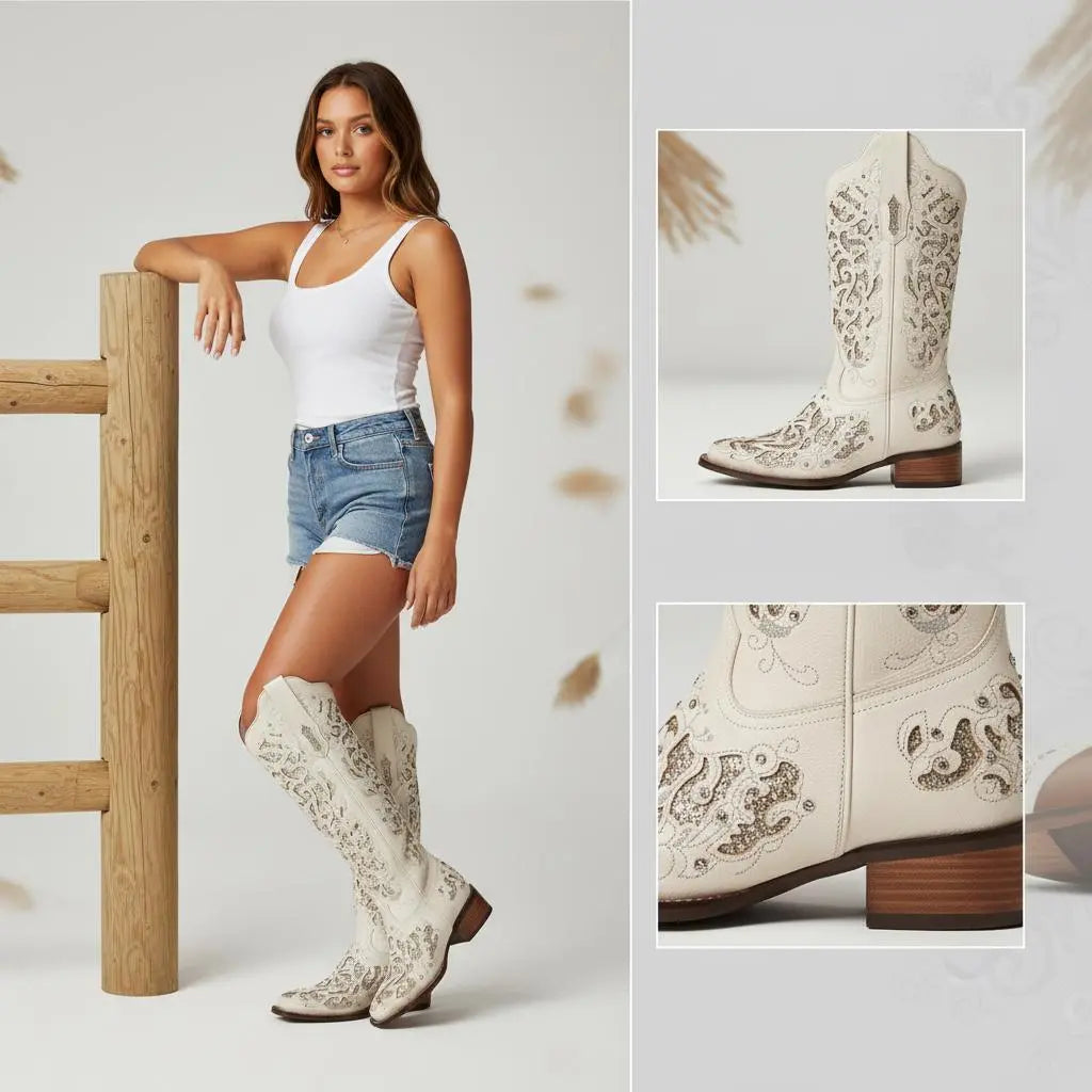 Tuhoomall Western Style Embroidered Mid-Calf Boots For Fashion, Travel, Outdoor - Chunky Heel, Faux Suede, Slip-On, Rhinestones, 3cm Heel Height Tuhoomall